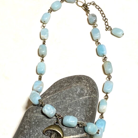 Natural Light Teal Amazonite Necklace, Bronze Slim Mushroom + Genuine Gemstone - Picture 6 of 12